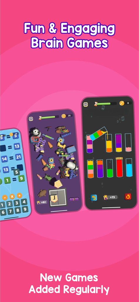 A showcase of three different educational brain games for kids including math puzzles and liquid sorting