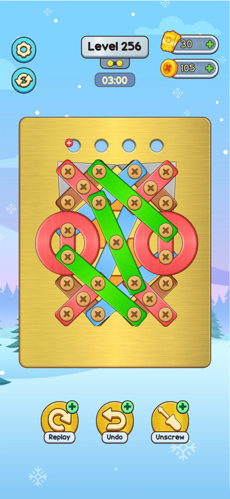 Unscrew Master: Nuts & Bolts - Gameplay-Bildschirm von Unscrew Master: Muttern und Schrauben, der ein Logik-Rätsel mit bunten Metallplatten und Schrauben auf einer goldenen Tafel zeigt.