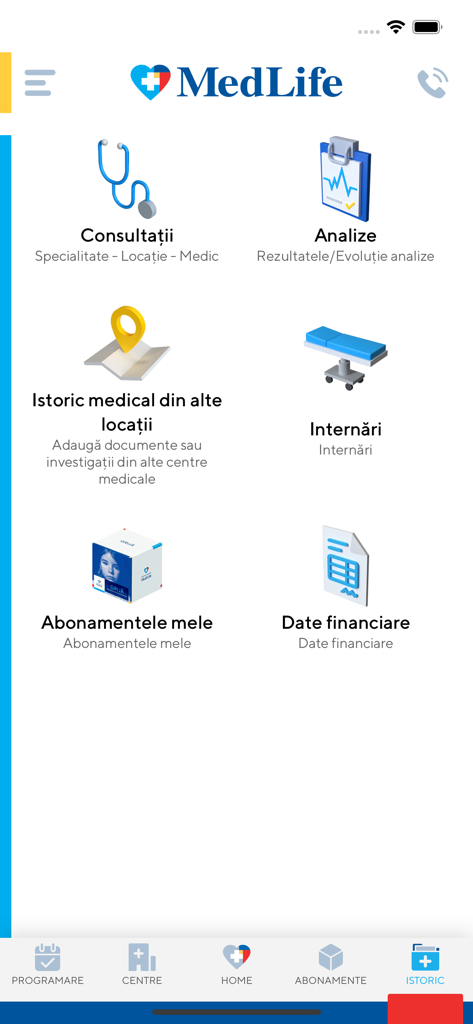 MedLife - MedLife mobile app history screen with icons for consultations and medical analysis