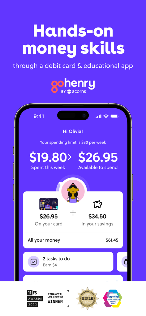 GoHenry by Acorns Kids Banking - GoHenry by Acorns kids banking app dashboard showing spending and savings tracking