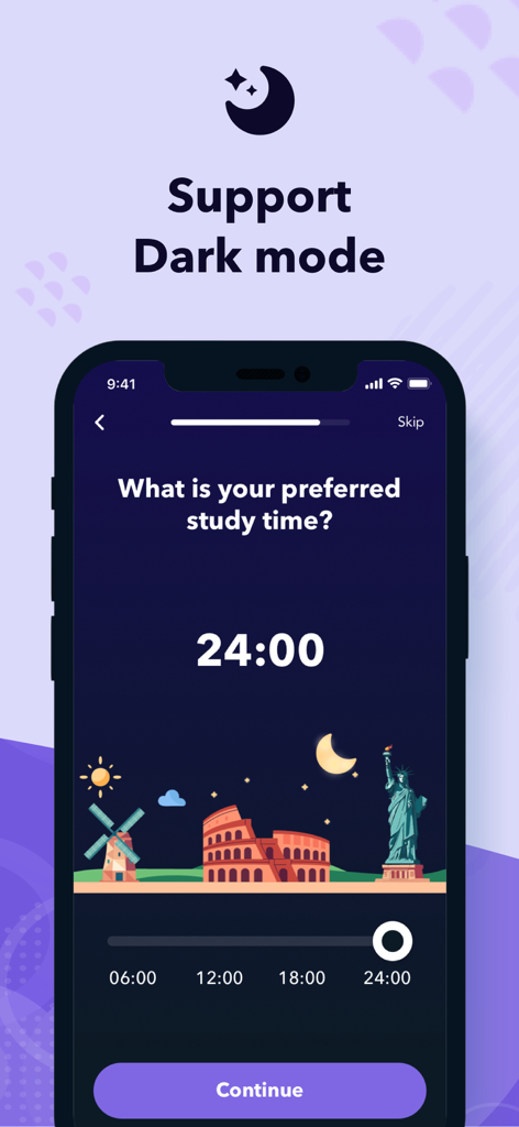 Screenshot dell'app GED Practice Test 2025 che mostra l'interfaccia in modalità scura e il selettore delle preferenze per l'orario di studio