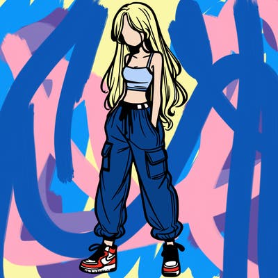 girl in baggy pants crop top and long hair