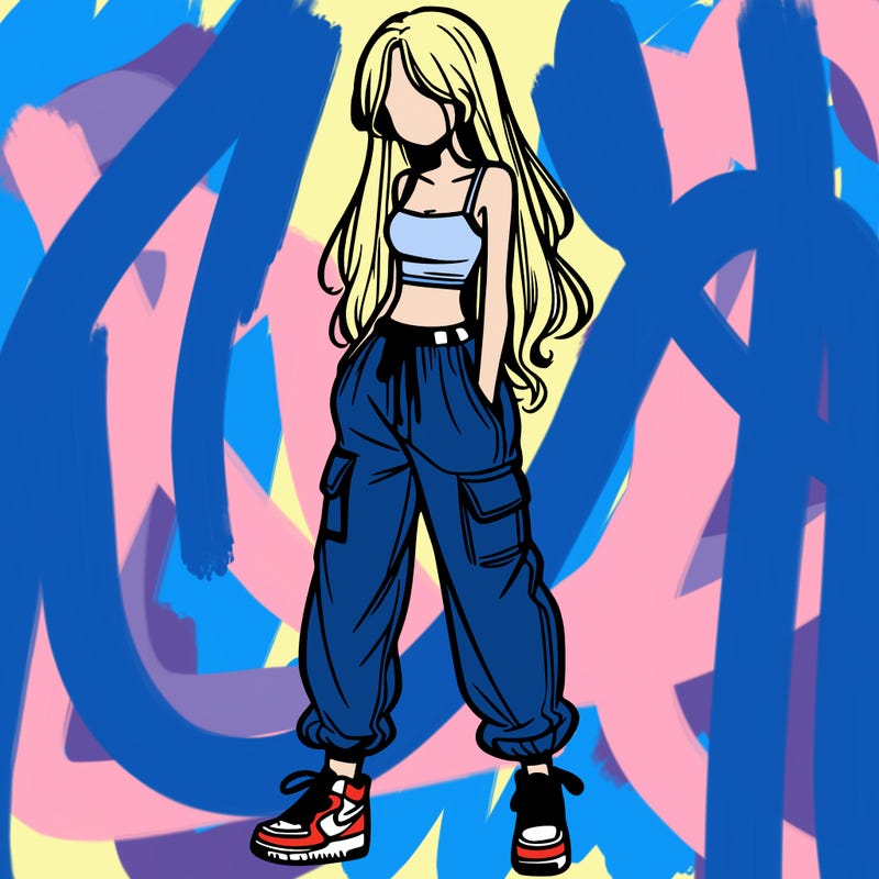 girl in baggy pants crop top and long hair