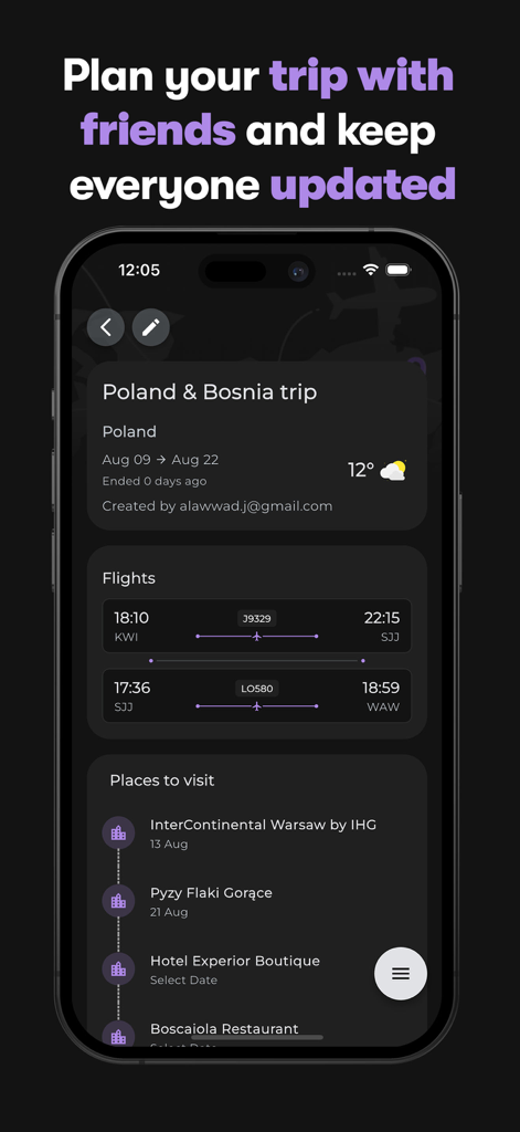 Screenshot of the Tripnote app displaying a detailed travel itinerary with flight information and a list of places to visit for a trip to Poland and Bosnia.