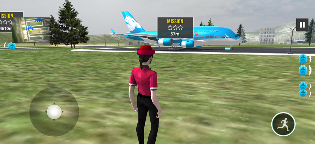 Airplane Sky Adventure 2025 - Un personaje piloto con uniforme rojo mirando un avión azul en una pista