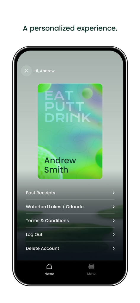 PopStroke - User profile screen of the PopStroke app showing a personalized membership card and account settings