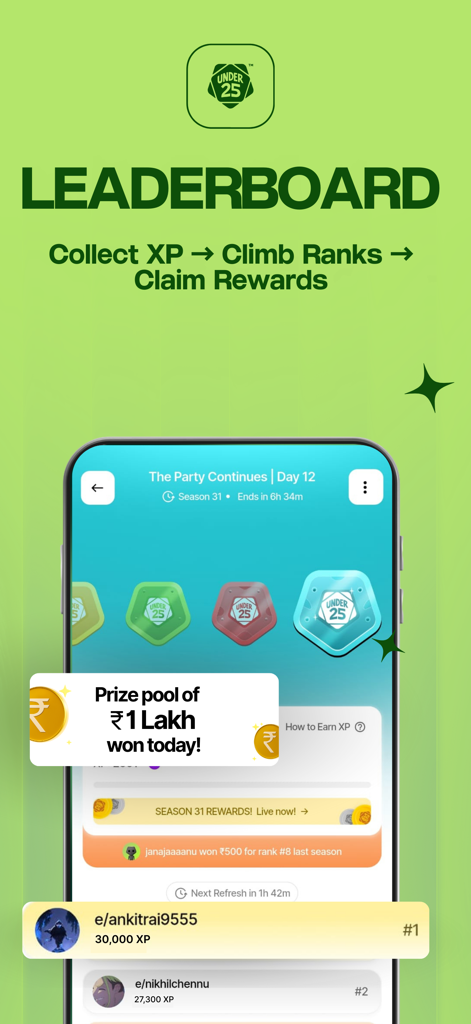 Under 25 app leaderboard screen showing student rankings, experience points, and prize pool information.