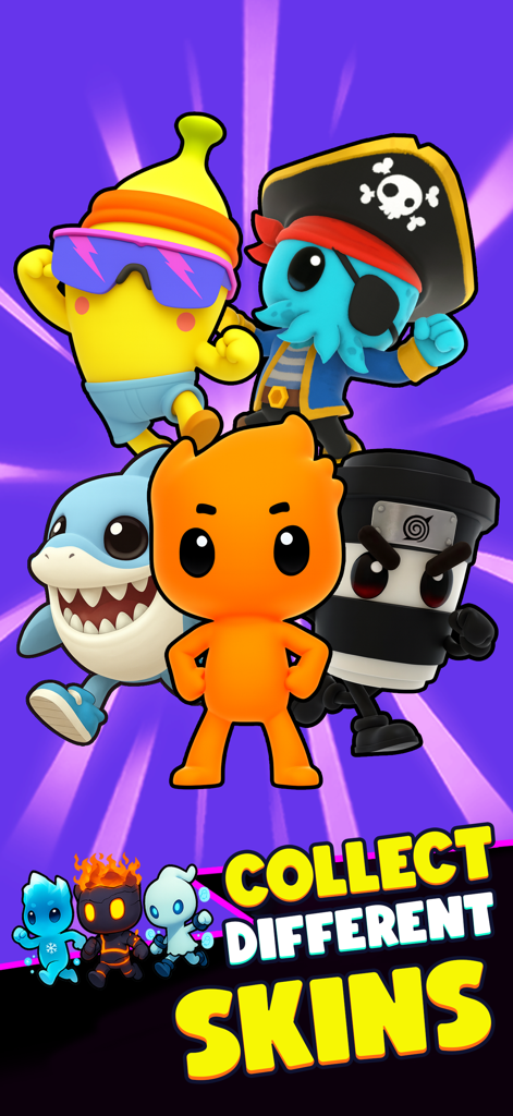 Rumble Rush: Runner Game - Uma variedade de skins de personagens coloridas em Rumble Rush Runner Game, incluindo um tubarão banana e um polvo pirata