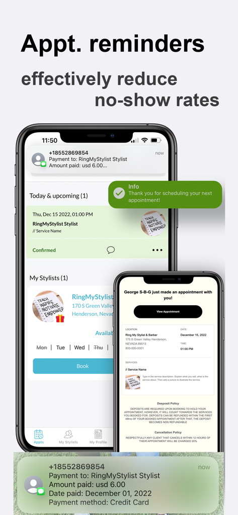 Ring My Stylist: Booking App - Mobile screenshots of the Ring My Stylist app showing appointment reminders and payment confirmations to reduce no-show rates