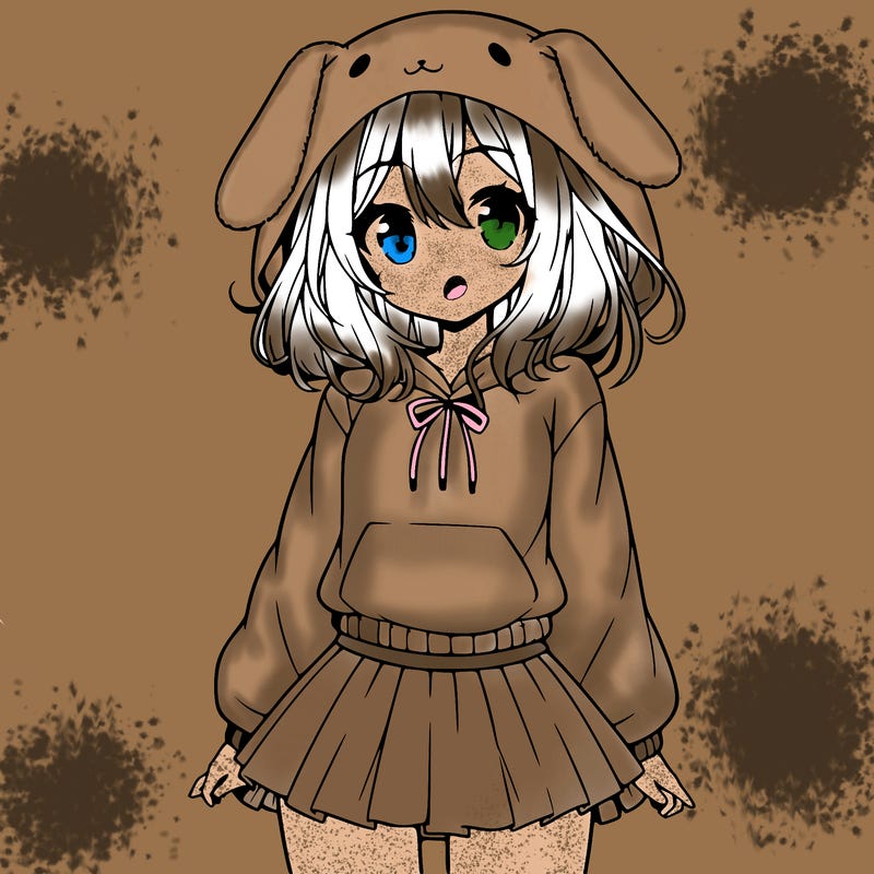 pretty anime girl wearing a fluffy hoodie with bunny ears on the hood and a skirt