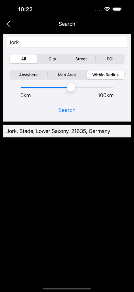 Maps for OSM - Interfaz de búsqueda de ubicación en la aplicación Mapas para OSM que muestra filtros de categoría y un control deslizante de selección de radio.