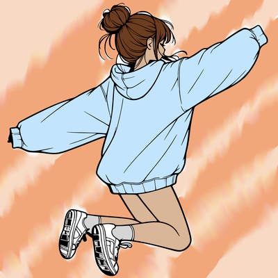 realistic girl jumping with a bun and oversized sweatshirt
