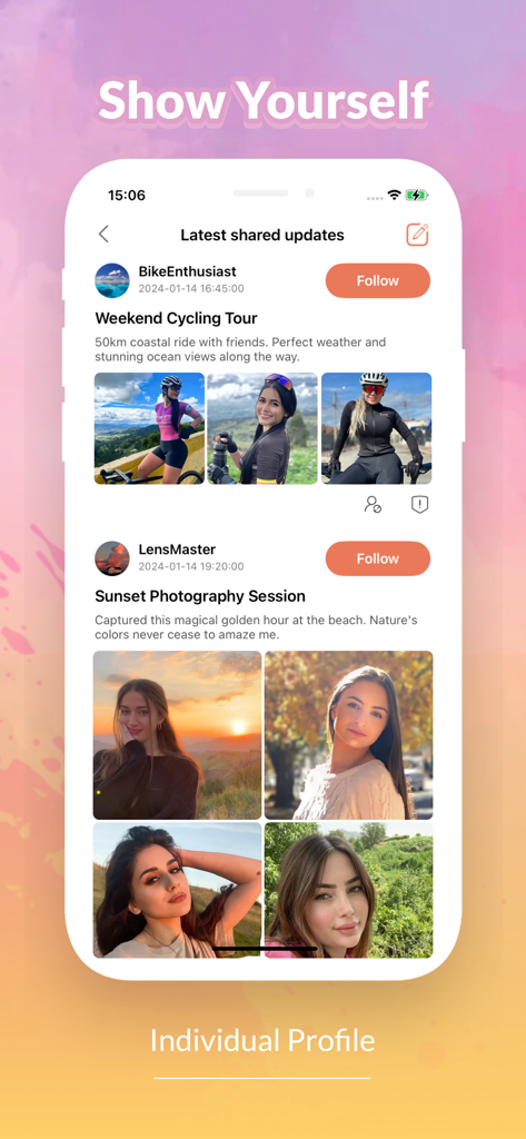 Toya - Toya app screen displaying user shared photos and profiles in a social feed