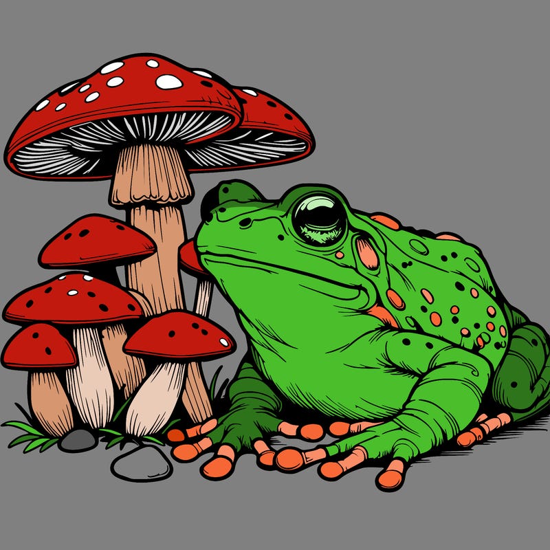 realistic frog with mushrooms