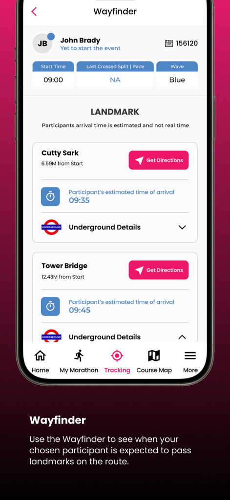 Die Wayfinder-Funktion in der London Marathon App zeigt geschätzte Ankunftszeiten für einen Läufer an wichtigen Wahrzeichen wie Cutty Sark und Tower Bridge.