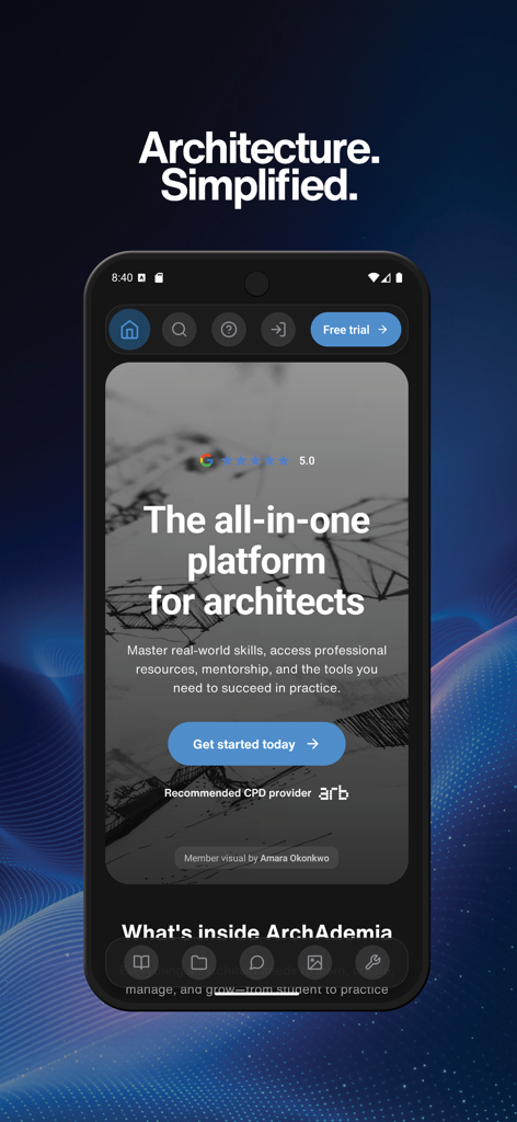 Home screen of the ArchAdemia mobile app showing the all-in-one platform for professional architecture education and tools