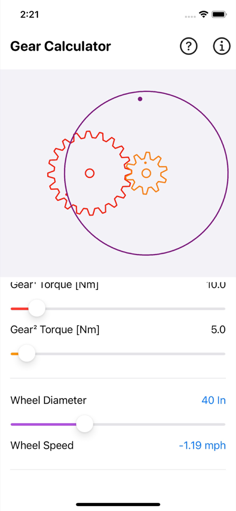 Gear Simulation & Calculation - Gear calculator app interface with visual gear simulation and torque adjustment sliders