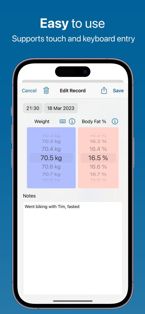 Weight BMI Fat Log Feeltracker - Interfaz de la aplicación Feeltracker para la entrada manual de peso y porcentaje de grasa corporal con ruedas de desplazamiento táctil y notas