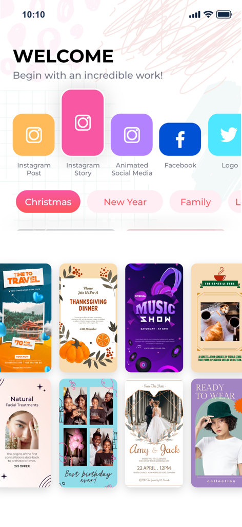 Graphic Design & Logo Creator. - ソーシャルメディアやビジネスブランディングのための多様なグラフィックデザインテンプレートを示すアプリインターフェース