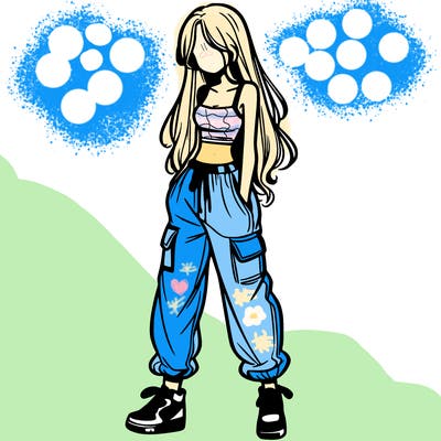 girl in baggy pants crop top and long hair