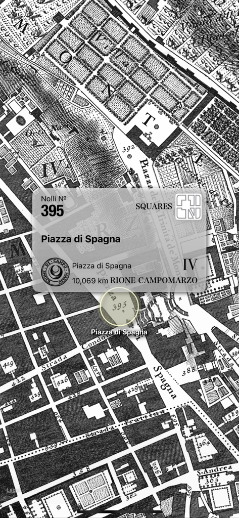 Nolli - Navigate Rome in 1748 - Interfaz del mapa de Nolli que muestra la Piazza di Spagna en la Roma de 1748