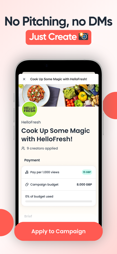 A mobile screen showing a HelloFresh brand campaign on the Burst app with pay-per-view payment details and an apply button