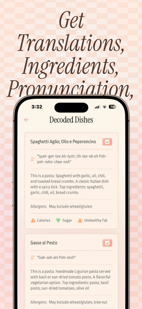 Dishlingo: Food Menu Decoder - Dishlingo app interface showing food ingredients pronunciation and allergen info