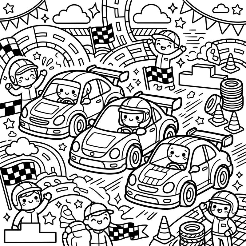 Experience the thrill of the race with this adorable Kawaii coloring page featuring cheerful touring car drivers. Each car and character is drawn with thick, bold outlines, inviting you to bring their racing world to life with a splash of color.