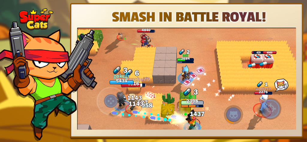 A fast-paced battle royal match in the Supercats mobile game featuring anthropomorphic characters and shooting gameplay.