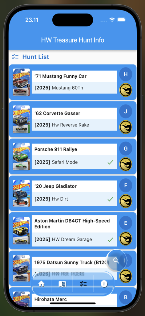 Hot Wheels Treasure Hunt Info - Interface do aplicativo Hot Wheels Treasure Hunt Info mostrando uma lista de carros colecionáveis de 2025 e detalhes da série