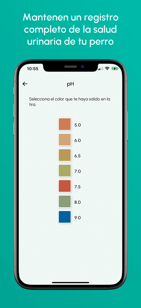 SCANPET - SCANPET app interface showing color coded pH levels for manual pet urine test selection