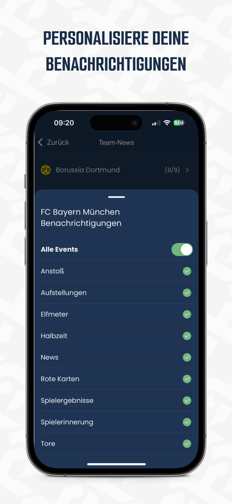 Screenshot of the SPOX app showing personalized notification settings for FC Bayern Munich events like goals and lineups.