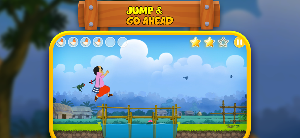 Meena jumping over a bamboo bridge in a rural village setting with her parrot Mithu