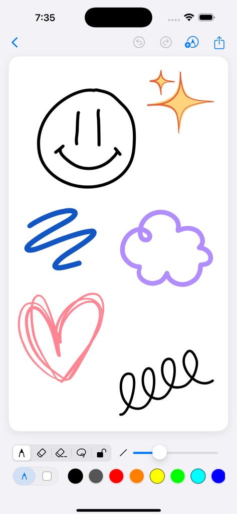 Scribble Board – Freehand - Interface of Scribble Board app featuring hand drawn shapes and a toolbar for pen settings and colors