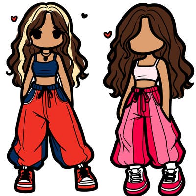 girl in baggy pants crop top and long hair