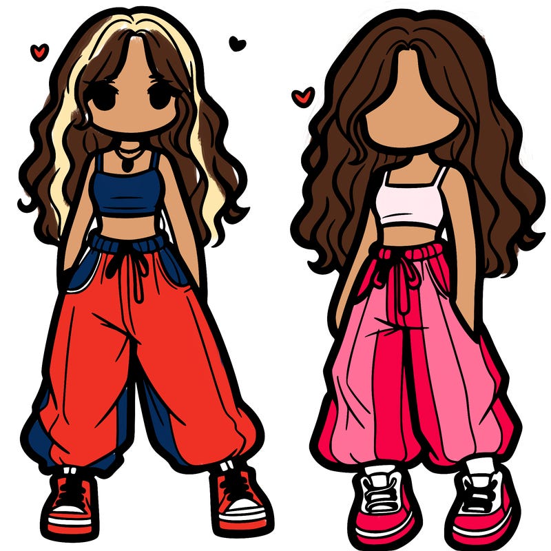 girl in baggy pants crop top and long hair