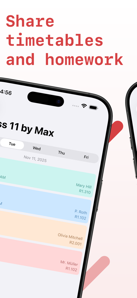 iPhone screen showing the SchoolOrganizer app timetable sharing feature with color-coded class schedules.