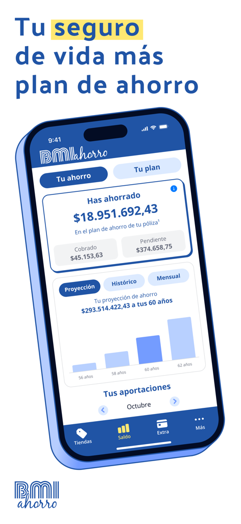 BMI Ahorro Colombia - BMIアホーロ・コロンビアアプリのスマートフォンインターフェース。貯蓄残高と経済成長予測を表示。