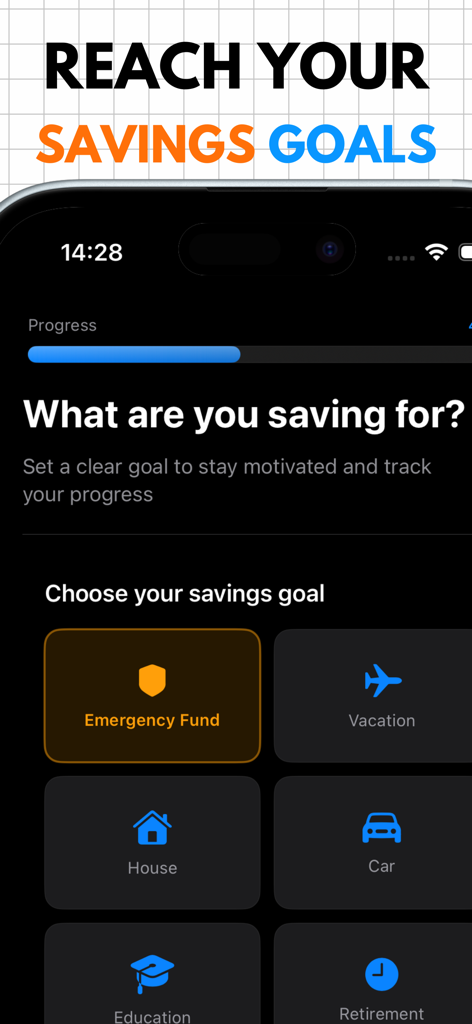 Actual Budget app screen showing savings goal categories like emergency fund and vacation with a progress tracker
