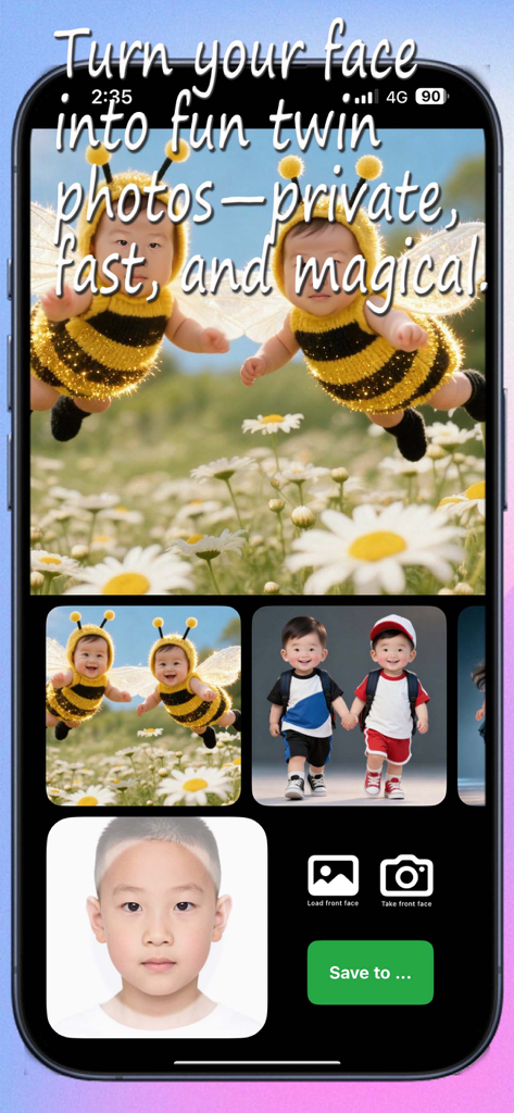 Interface of the AI Twins Camera app showing fun twin photo templates and face upload options