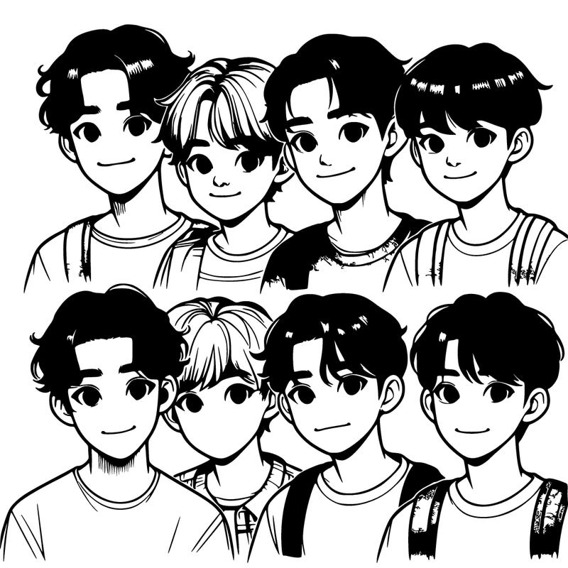 realistic group of seven asian boys