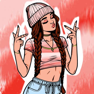 realistic teenage girl with braids and a beanie and crop top doing 🫶🏼