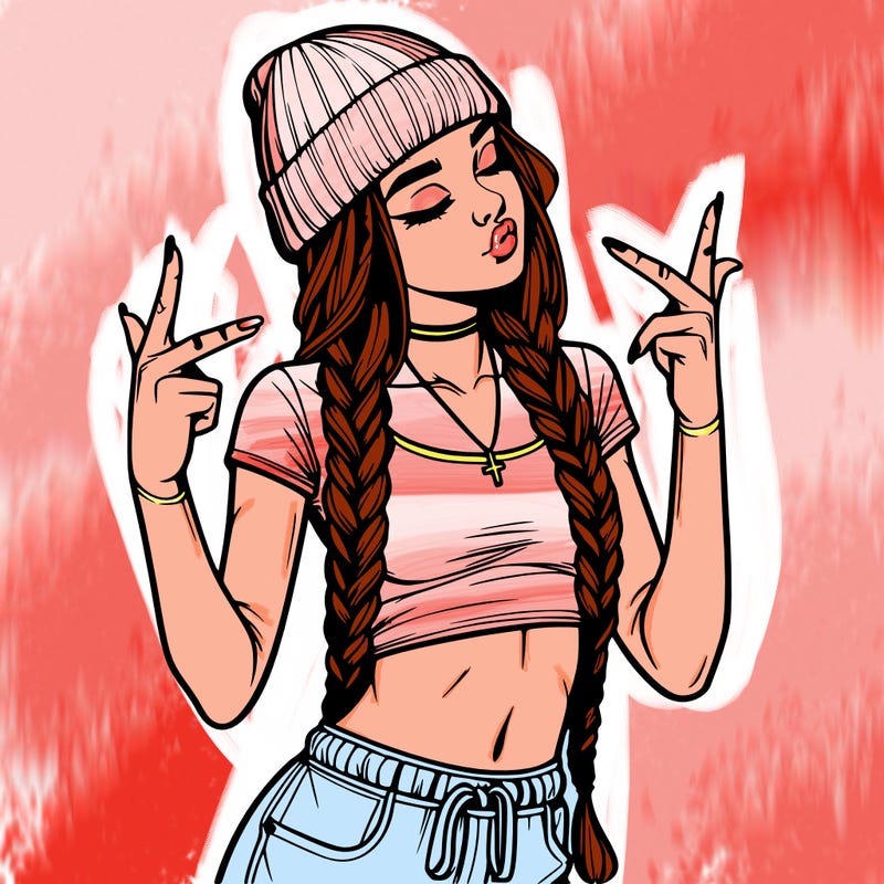 realistic teenage girl with braids and a beanie and crop top doing 🫶🏼