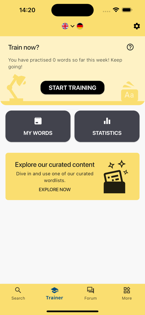 LEO Dictionary app vocabulary trainer interface with options to start training, view word lists and check statistics.