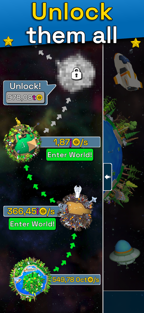 Planet Evolution: Idle Clicker - Screenshot di gioco mobile che mostra una sequenza di pianeti stilizzati da sbloccare nello spazio con percorsi di progressione e tassi di valuta.