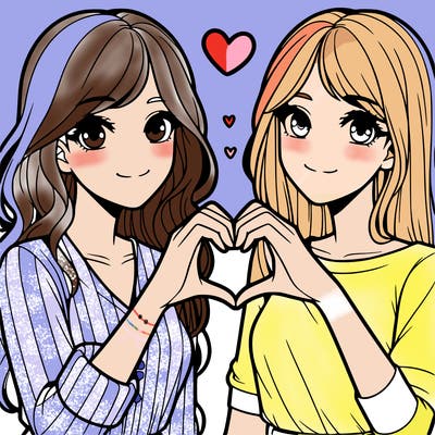 two pretty girls that are making a heart out of there hands and they look 15 years old