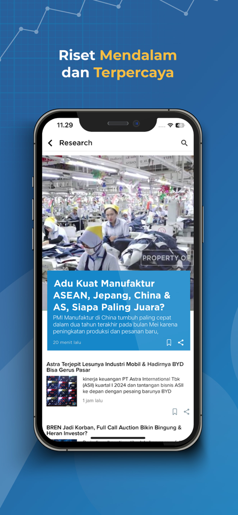 CNBC Indonesia - Market News - Screenshot of the CNBC Indonesia app showing the research section with news articles about global manufacturing and market trends.