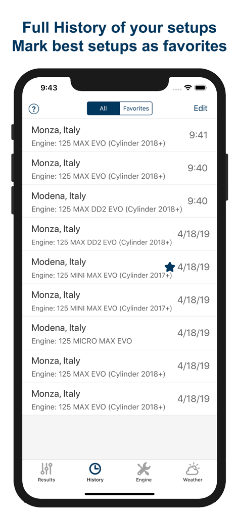 Pestaña de historial de la aplicación Jetting Rotax Max EVO que muestra una lista de configuraciones de motor de kart anteriores.