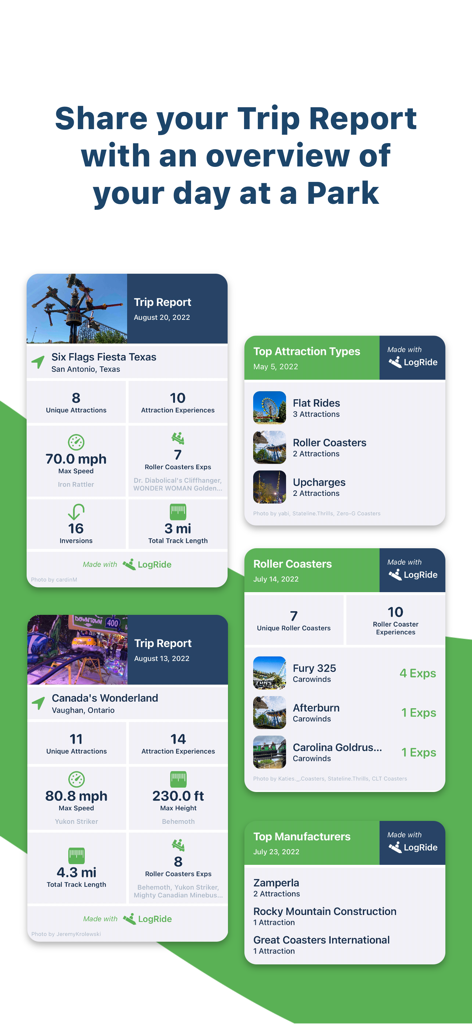 Pantallas de la aplicación móvil que muestran informes de viajes a parques temáticos con estadísticas de montañas rusas y recuentos de atracciones