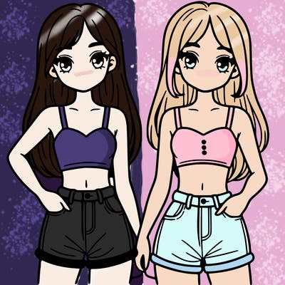 two sisters with crop tops and jean shorts and straight hair